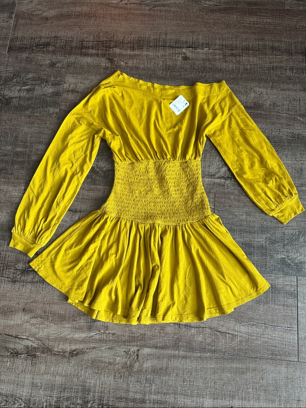 Free People Mustard Yellow Smocked Waist Long Sleeve Mini Dress NWT